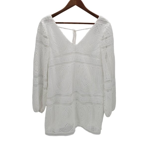 Lulus White Crochet V-Neck Dress Womens M Boho Eyelet Beachy Resort Romantic - Picture 1 of 13